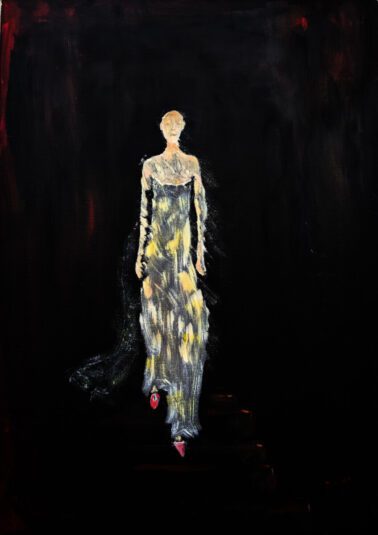 Dark background woman on stairs