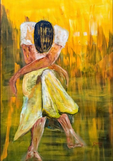 sad woman oil painting yellow black and green